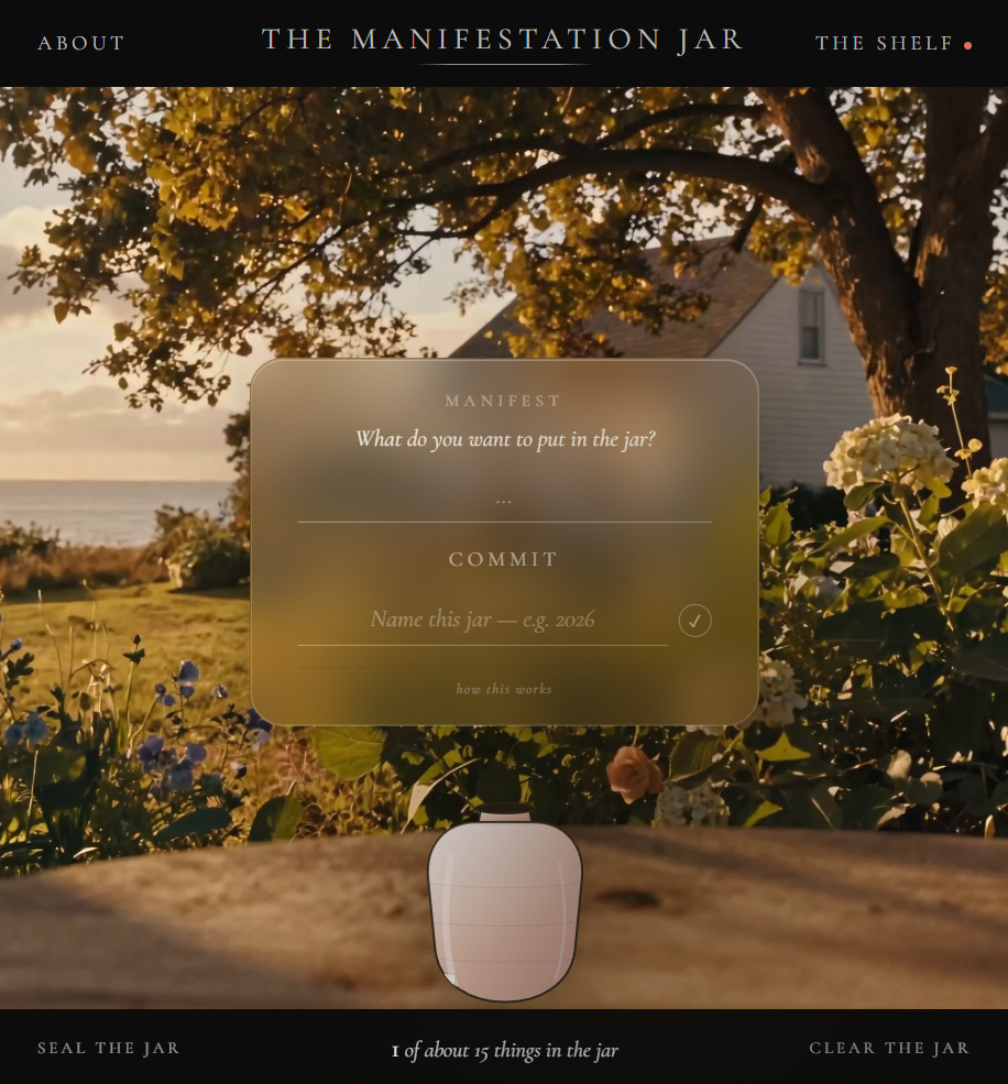 Manifestation Jar homepage, the garden scene with jar and manifest panel